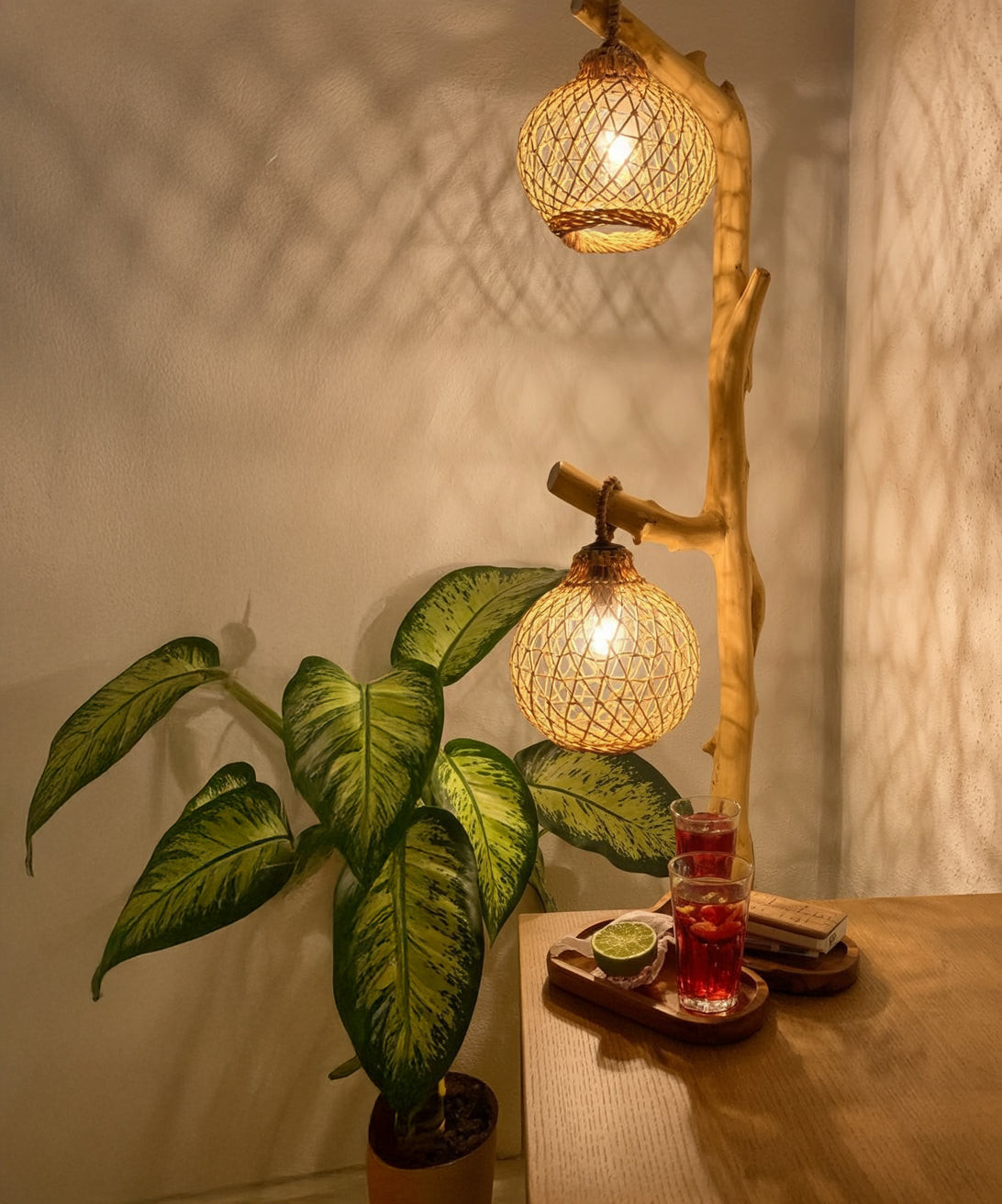 Rustic Wood Floor Lamp – Handmade Driftwood Tree Branch Light with Rattan Lampshade