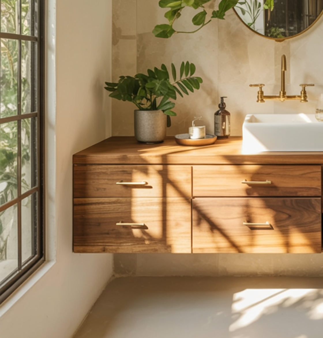 Floating Wooden Bathroom Vanity – Handmade Rustic Solid Wood Sink Cabinet