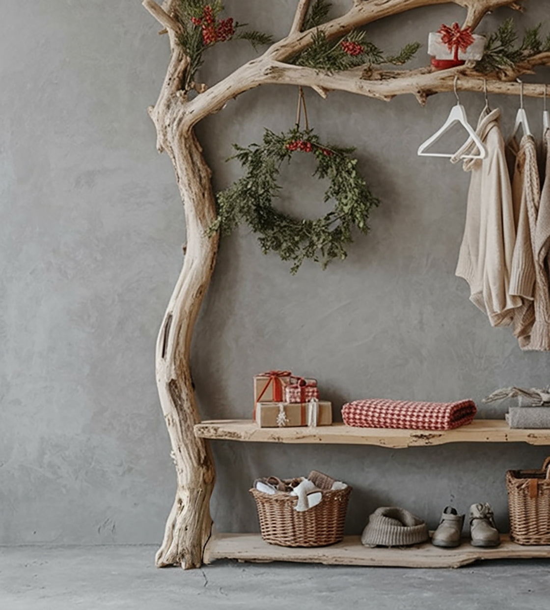 Wall Mounted Driftwood Coat Rack – Tree Branch Rack with Shelf & Shoe Storage