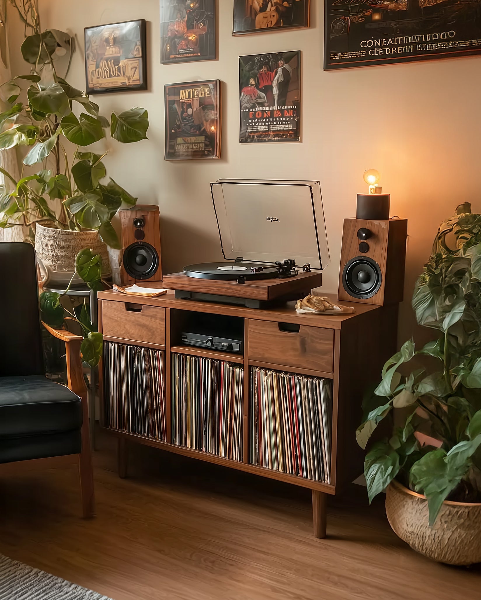 Handcrafted Record Player Stand – Natural Wood Turntable Station with Storage, Customizable Record Cube Organizer