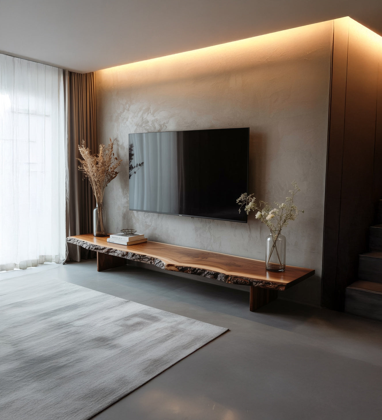 Rustic Live Edge TV Stand – Solid Walnut Floating Console, Handmade Wood Media Cabinet