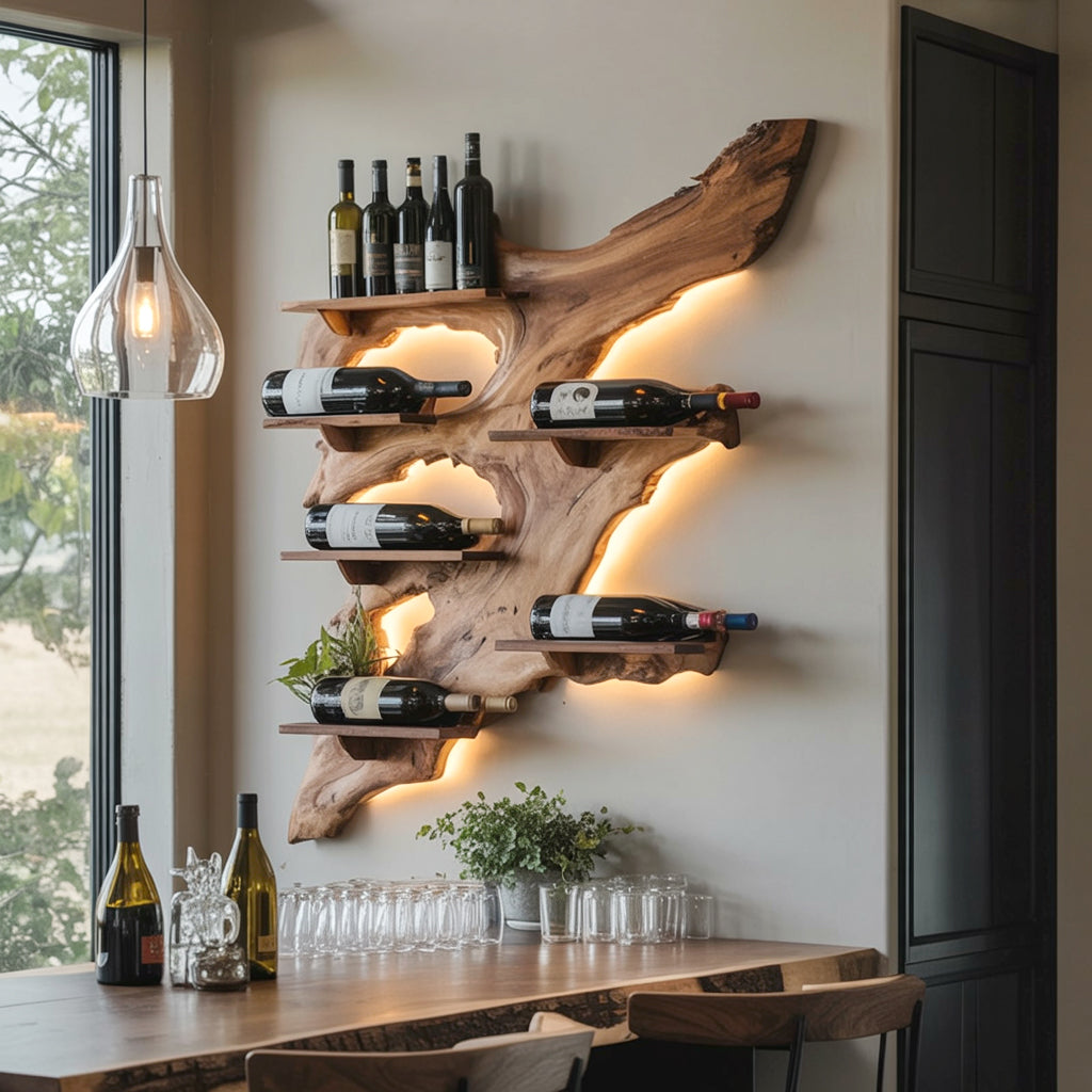 Rustic Solid Wood Wine Bottle Holder – Mid Century Wine Rack for Modern Home Décor