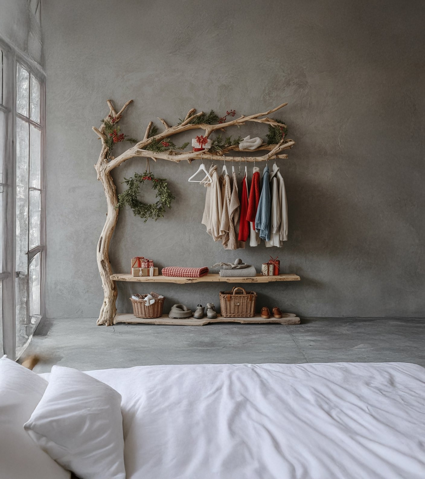 Wall Mounted Driftwood Coat Rack – Tree Branch Rack with Shelf & Shoe Storage