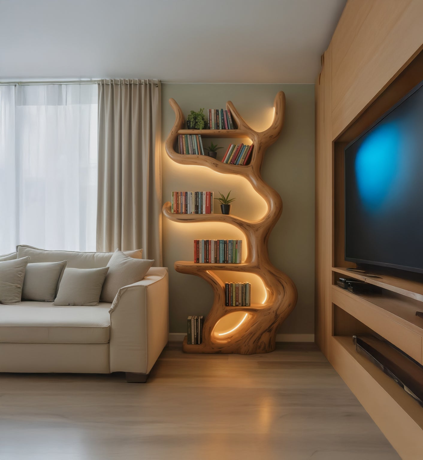 Rustic Live Edge Wooden Tree Bookshelf – Custom Wall Mounted Floating Shelf