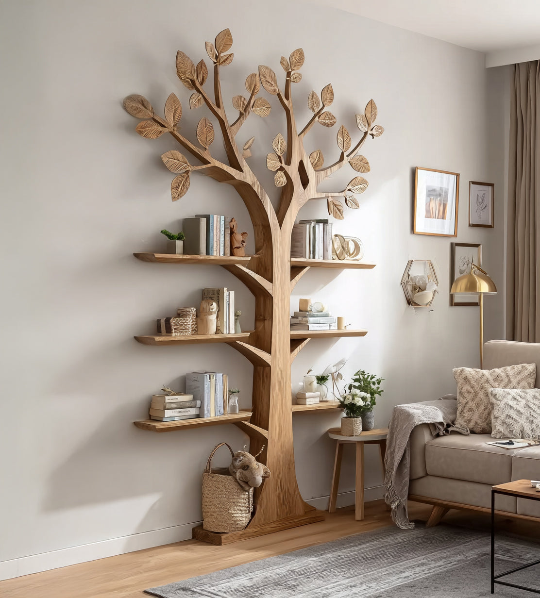 Rustic Wooden Tree Bookshelf: Wall-Mounted Bookcase, Natural Wood Furniture