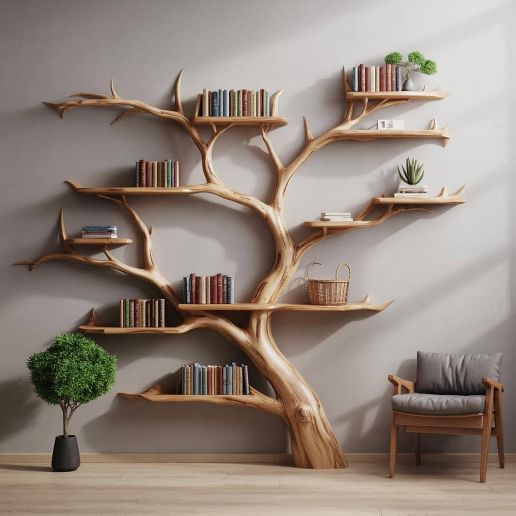 Handmade Tree Bookshelf – Wooden Tree Bookcase, Rustic Wall Shelf for Home Decor