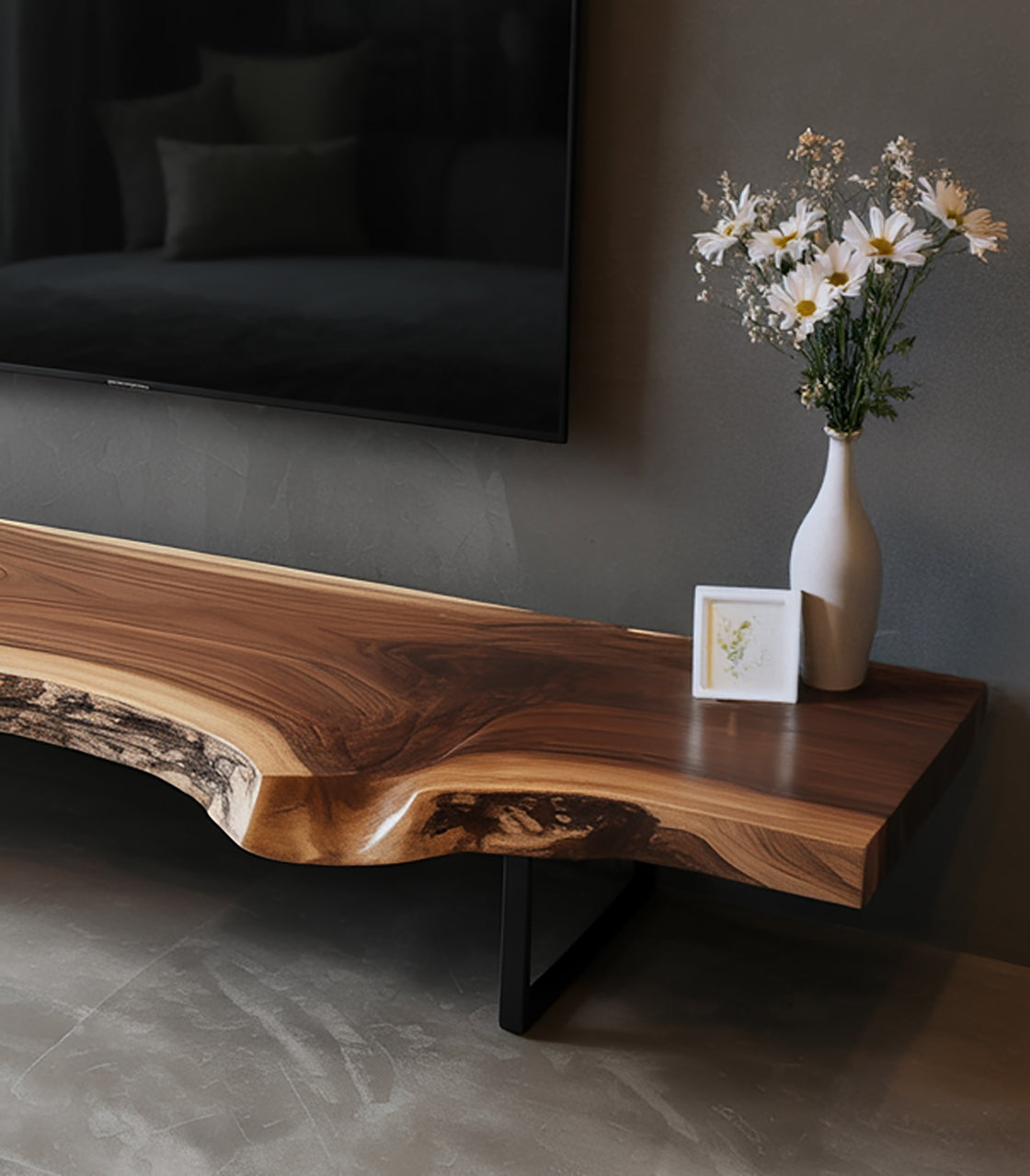 Rustic Live Edge TV Stand – Solid Walnut Floating Console, Handmade Media Cabinet