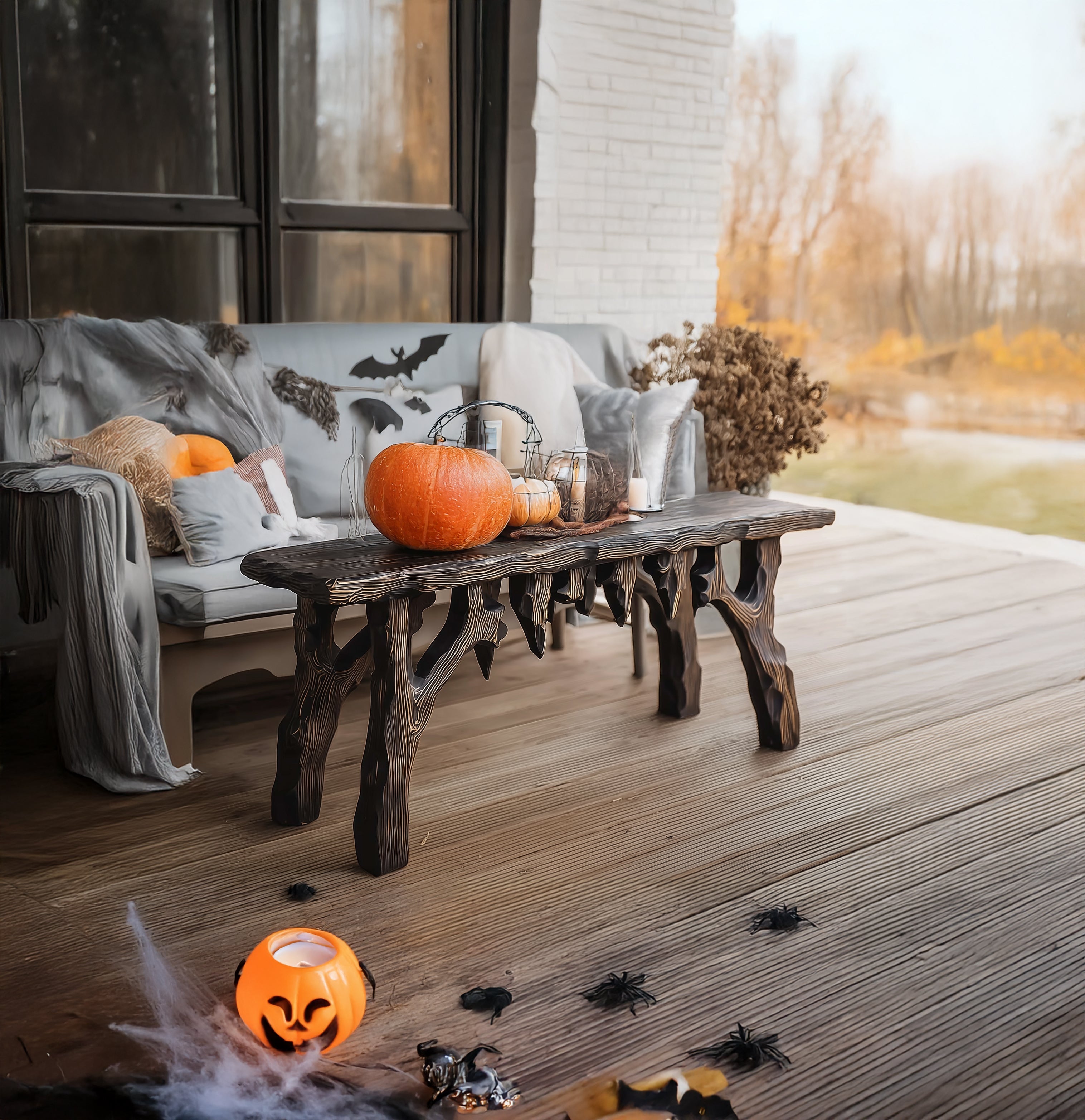 Rustic Black Wooden Halloween Console Table – Dripping Edge Gothic Entryway Decor