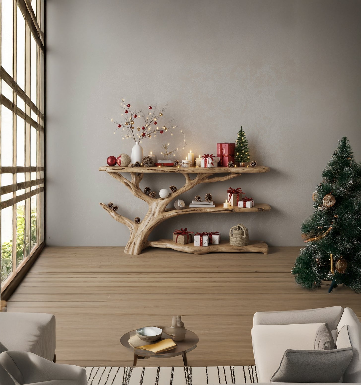 Console Narrow Table with Tree Branch Bookshelf – Rustic Live Edge Wood