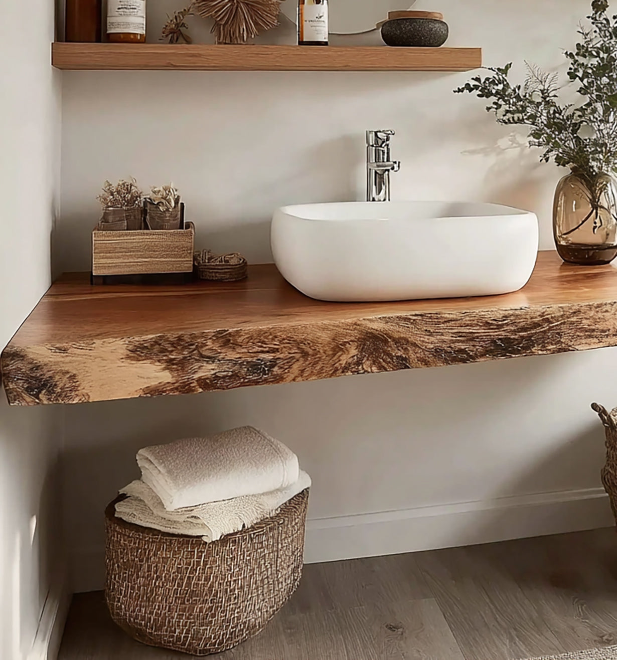 Handmade Reclaimed Wood Floating Vanity – Rustic Live Edge Bathroom Shelf