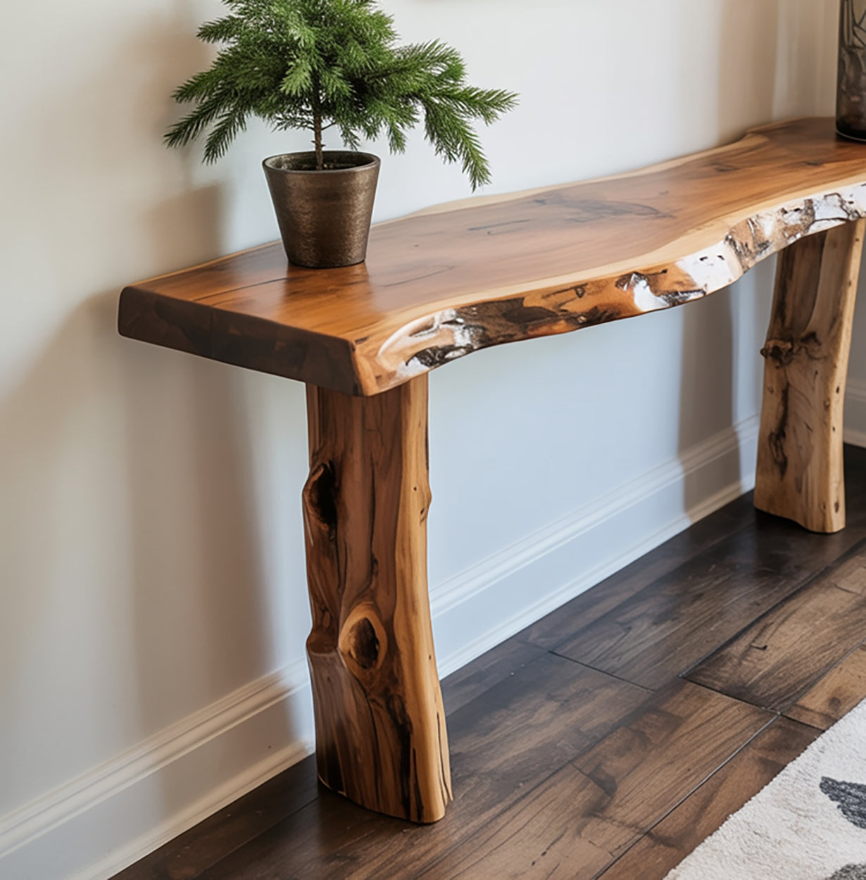 Console en bois massif faite main – Design arbre rustique pour entrée