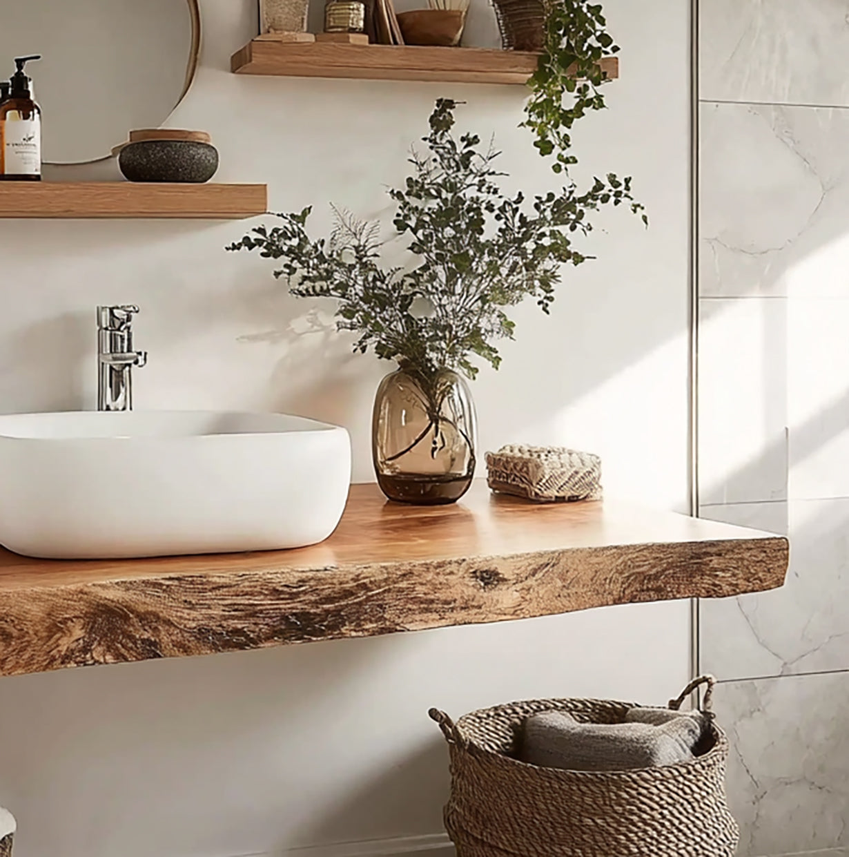 Handmade Reclaimed Wood Floating Vanity – Rustic Live Edge Bathroom Shelf