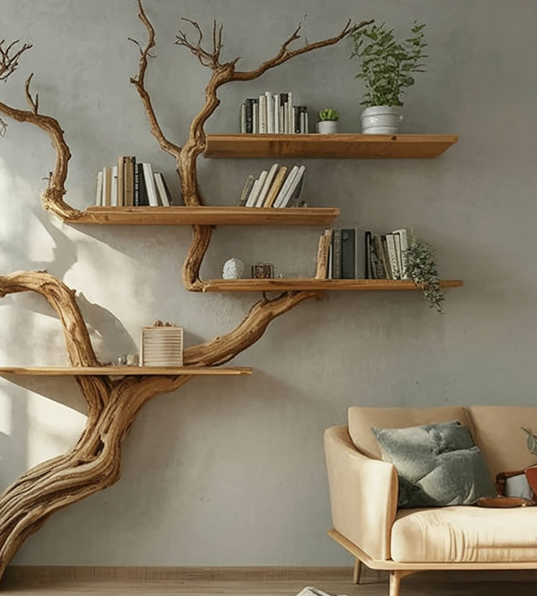 Tree Shaped Wooden Bookshelf – Sculptural Branch Bookcase & Rustic Home Décor