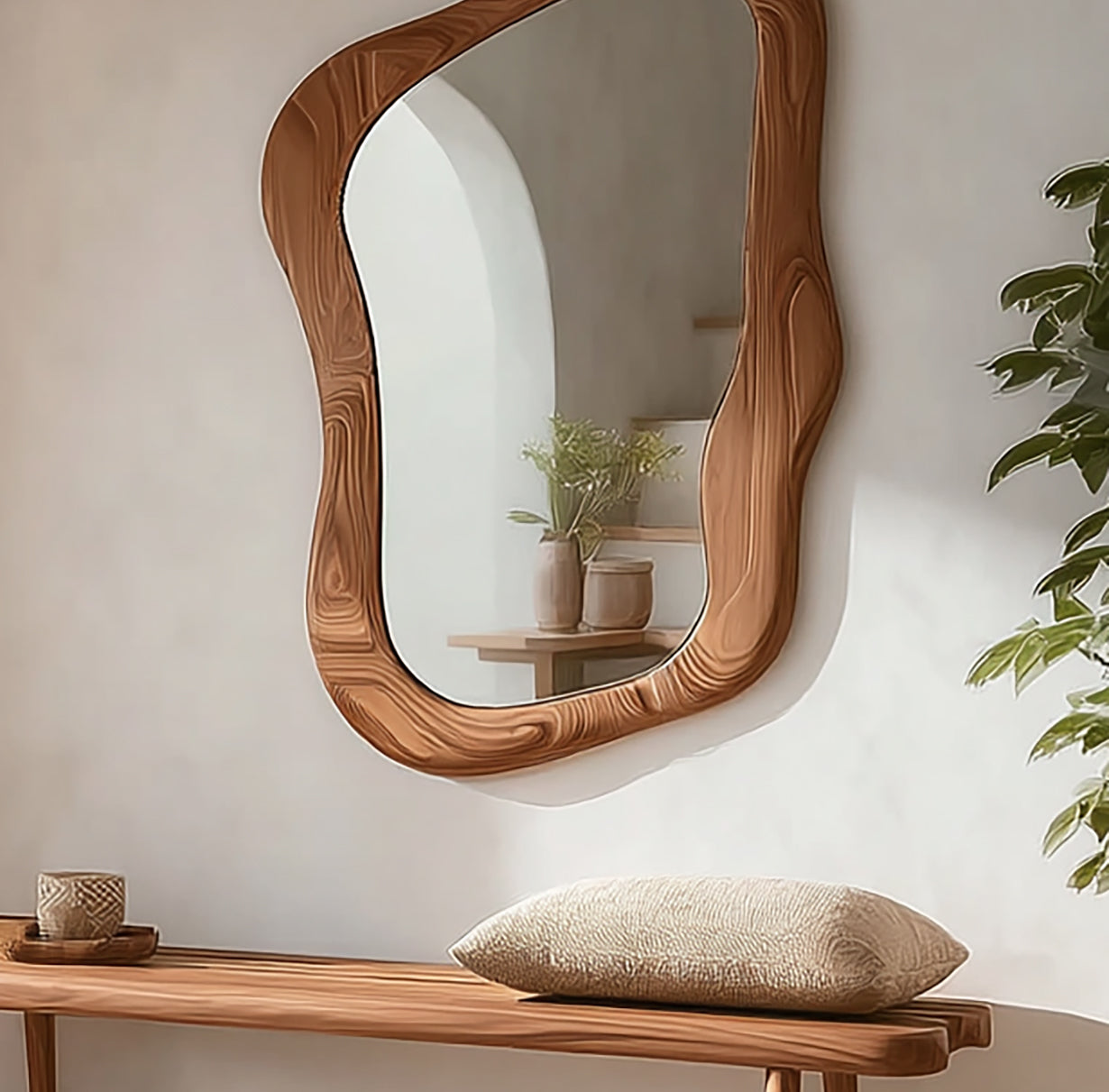 Wood Framed Asymmetrical Large Wall Mirror – Irregular Modern Boho Accent Mirror for Home Decor