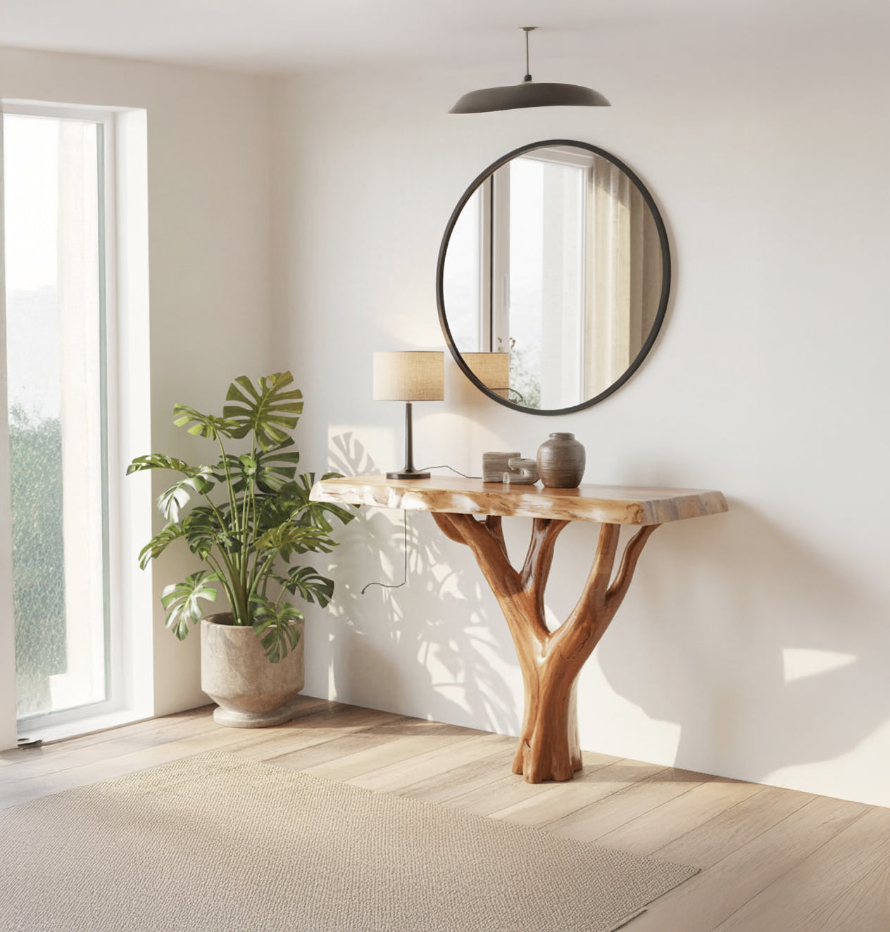 Handcrafted Solid Wood Live Edge Console Table with Natural Tree Base – Rustic Modern Accent