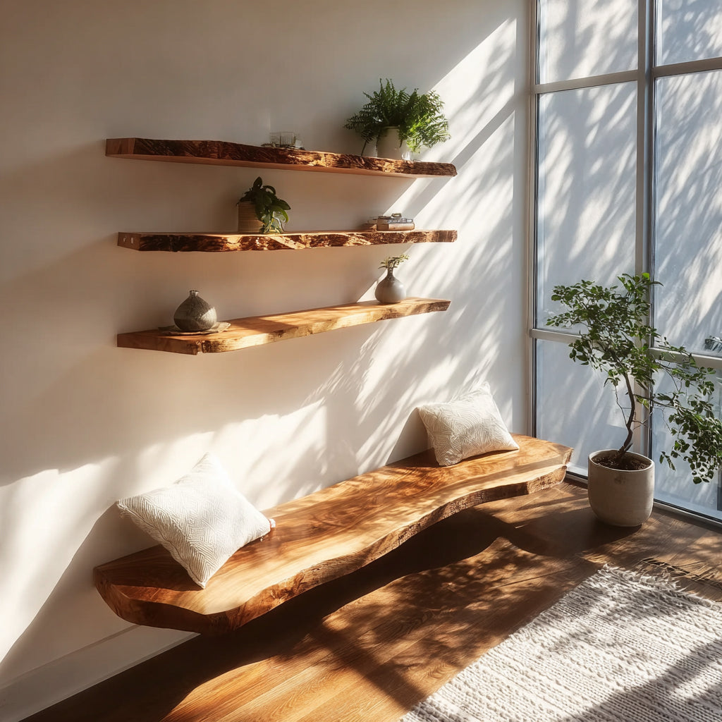 Handcrafted Live Edge Floating Shelves – Carved Wavy Wood Wall Shelf