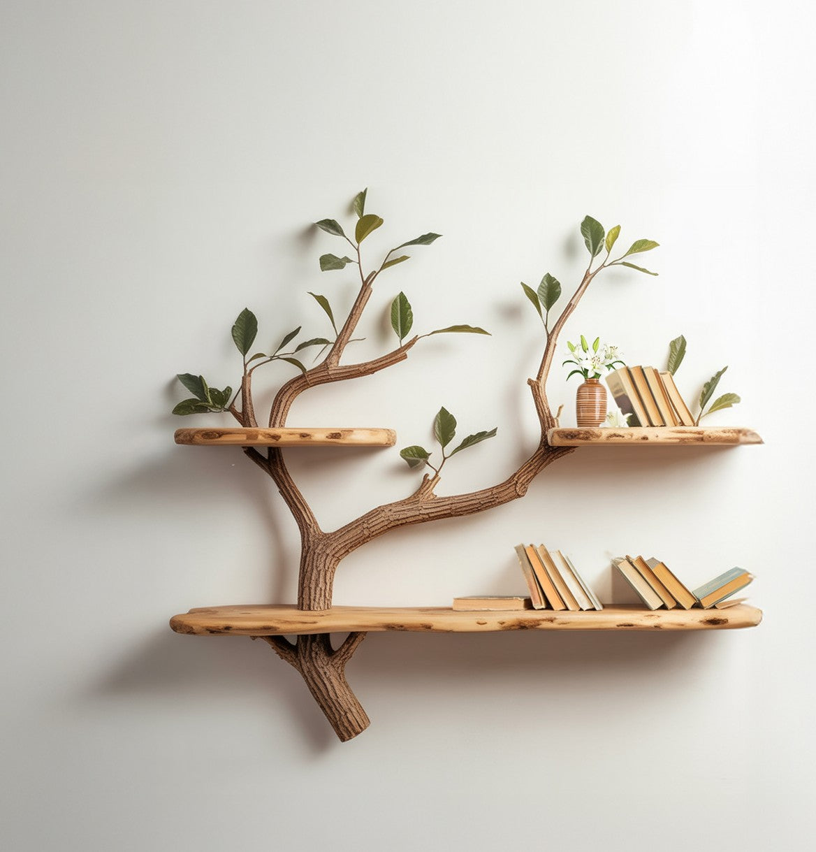 Wood Tree Bookshelves – Handmade Mahogany Floating Book Tree with Large Shelves