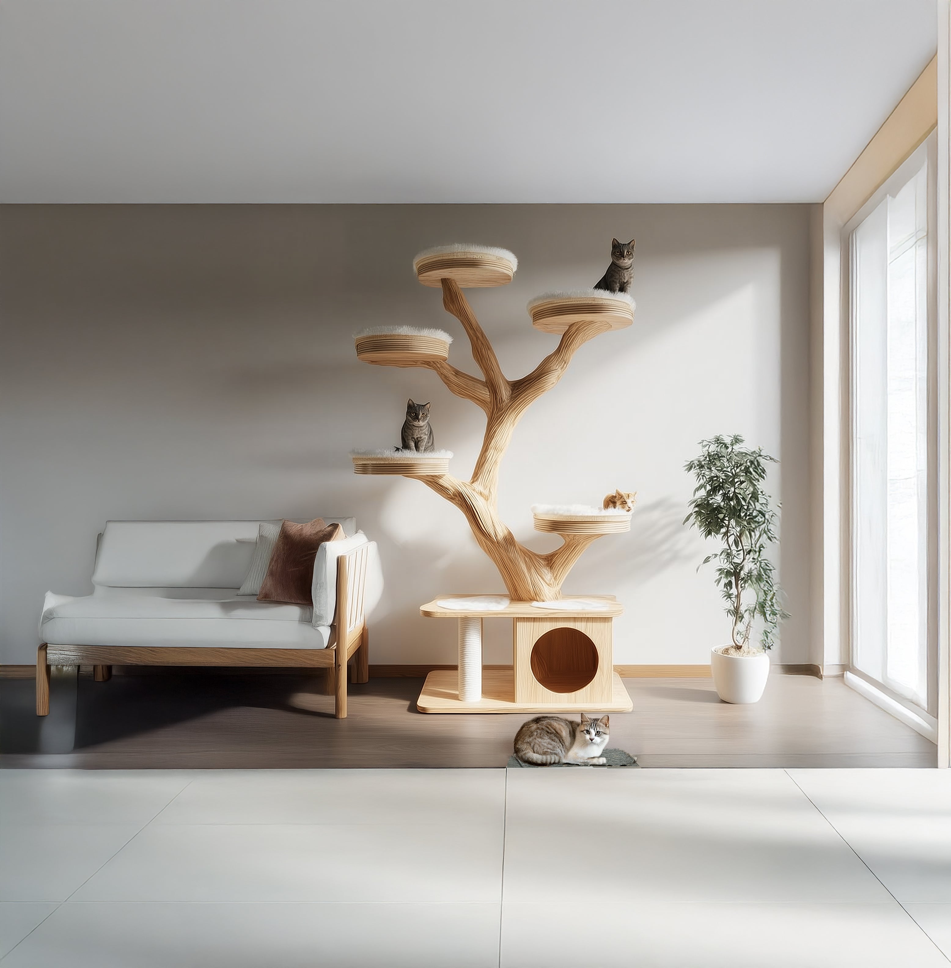 Rustic Wooden Cat Tree – Handmade Wall-Mount Climbing Tower Shelf, Unique Natural Cat Furniture