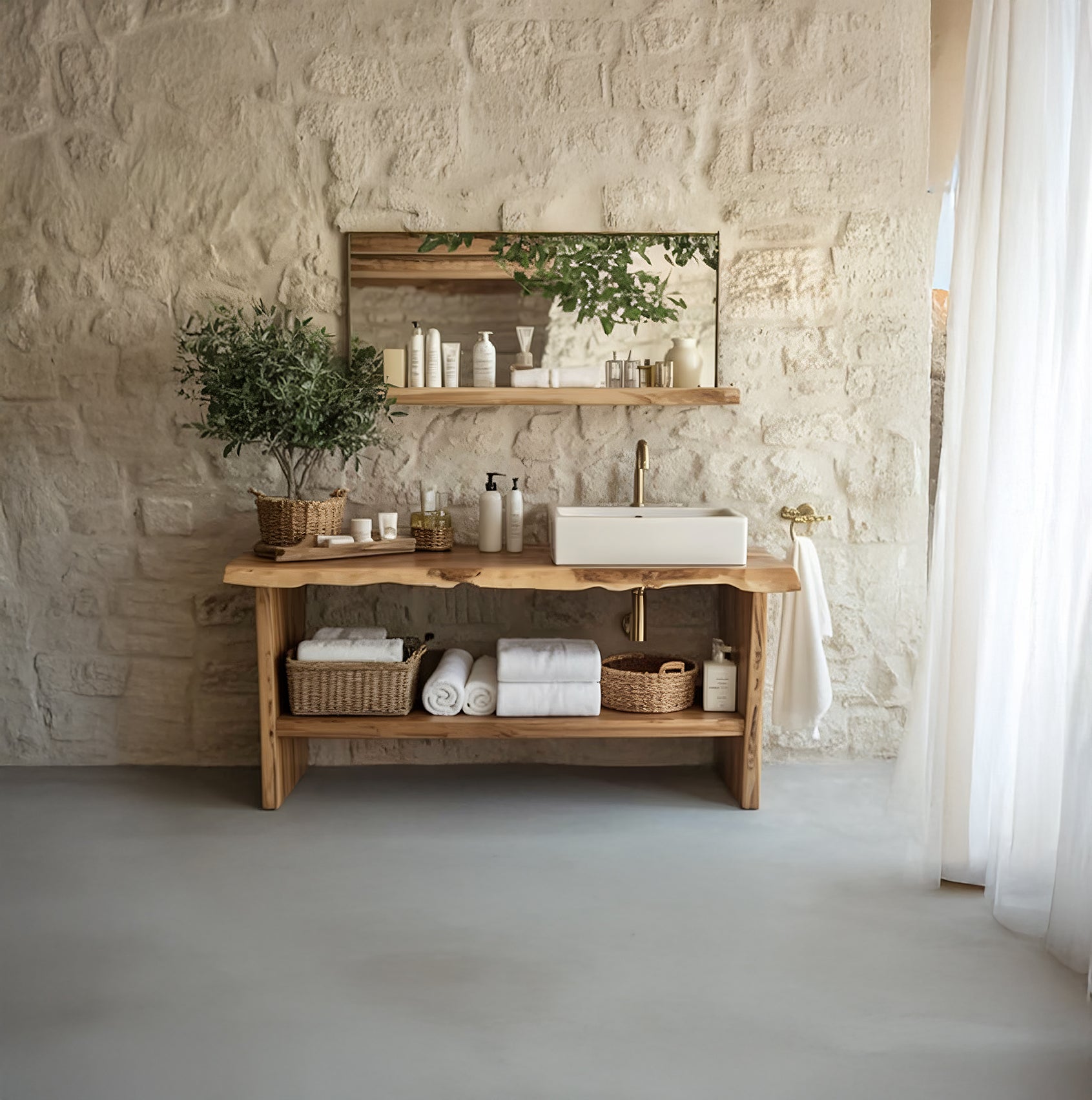 Rustic Solid Wood Bathroom Vanity with Live-Edge Countertop