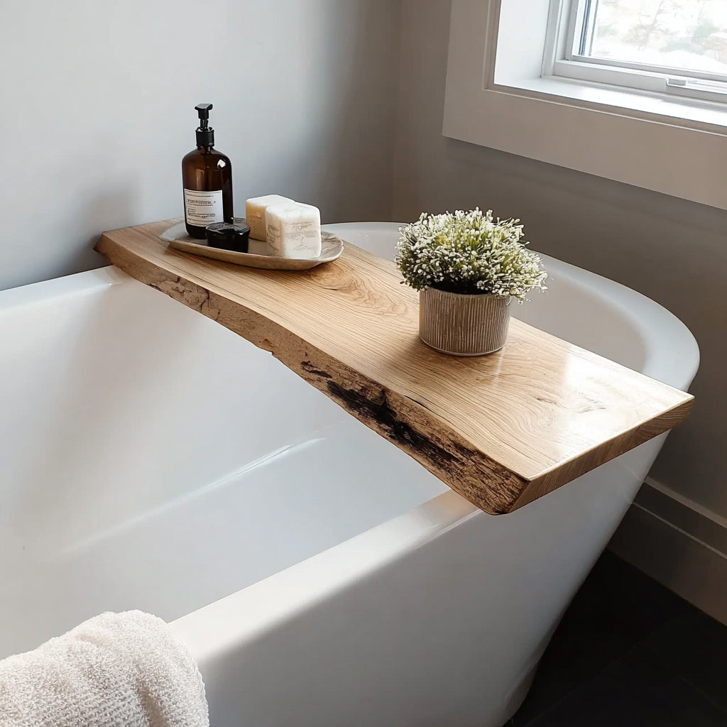Handmade Live Edge Bathtub Tray – Rustic Solid Wood Bath Caddy
