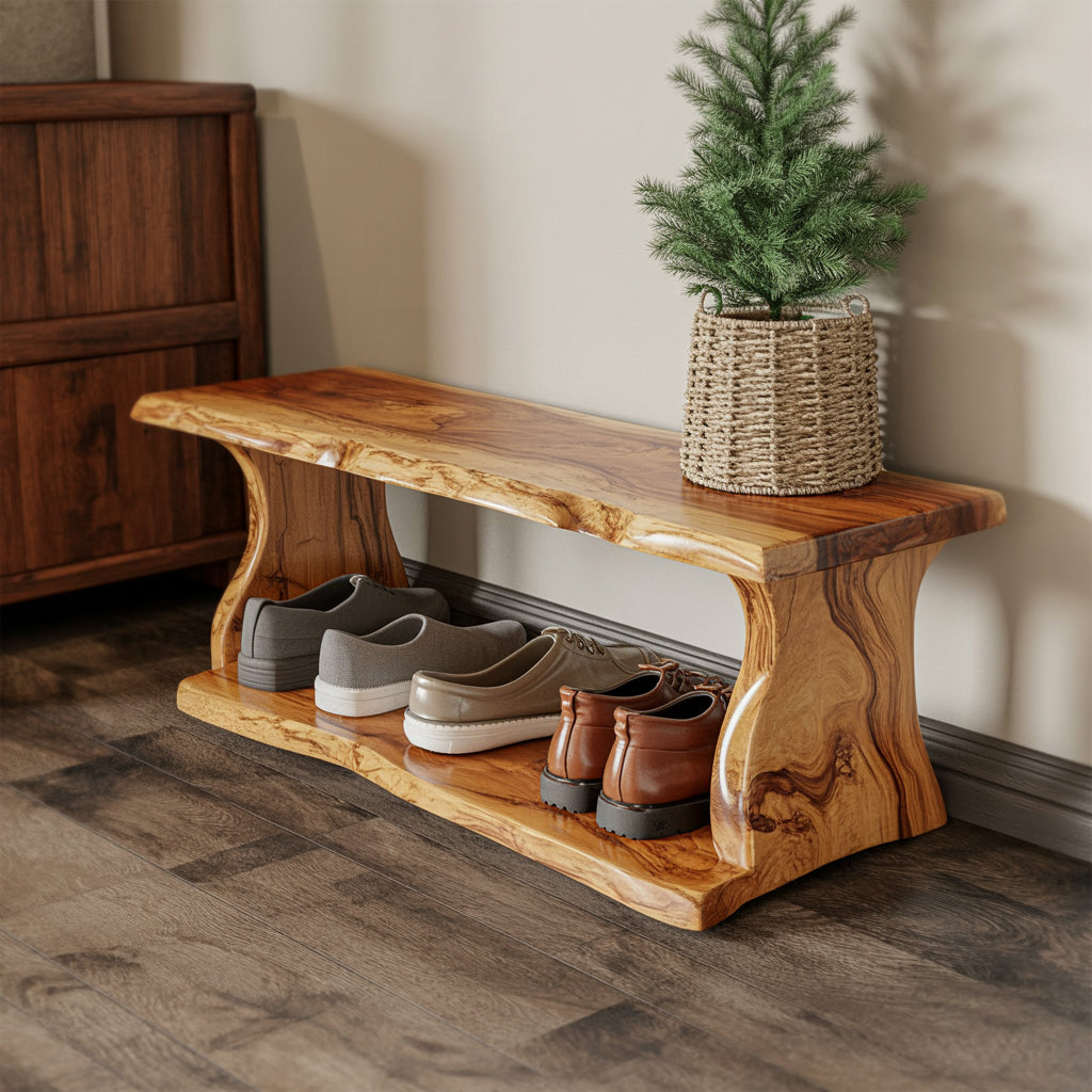 Rustic Wooden Shoe Bench – Handmade Solid Wood Entryway Organizer with Shelf