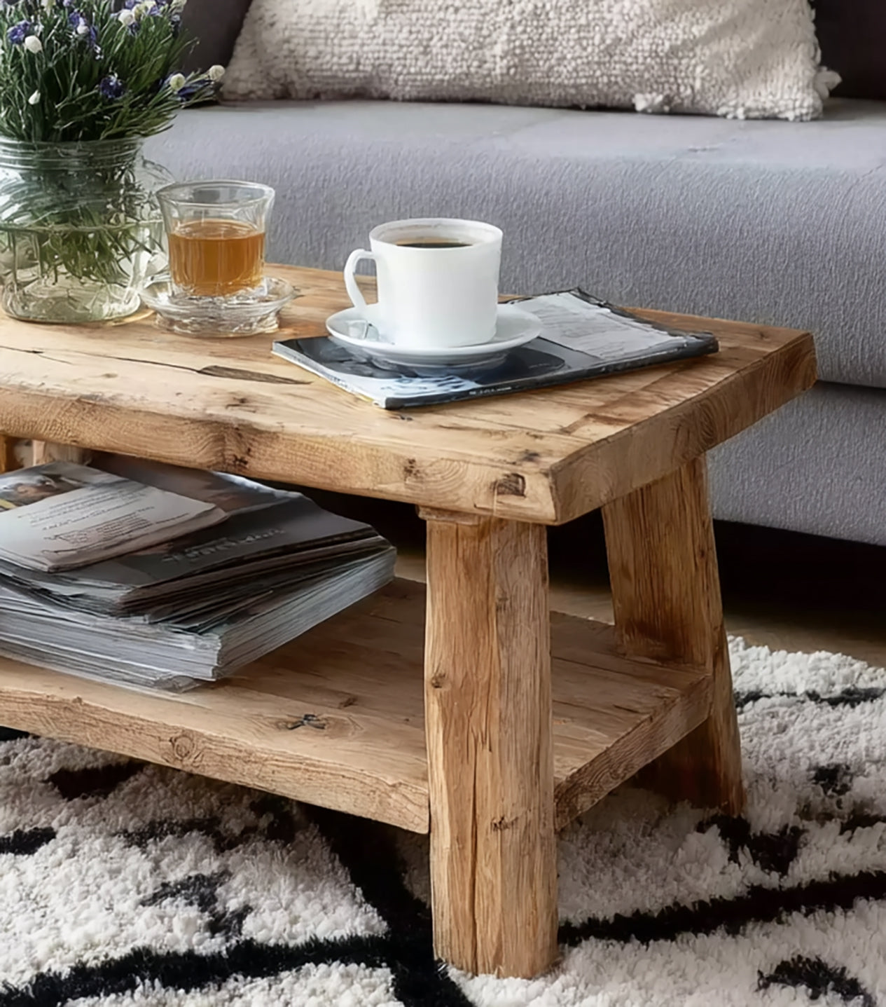 Rustic Coffee Table – Solid Wood Reclaimed Live Edge Farmhouse Living Room Table