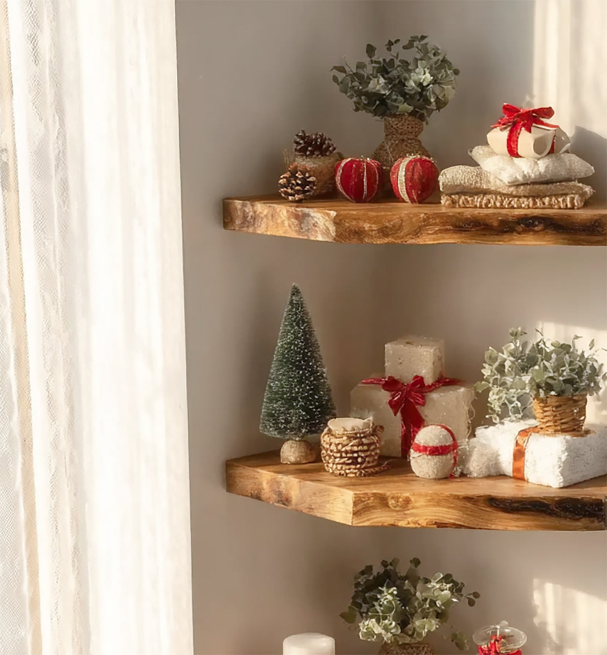 Rustic Live Edge Corner Floating Shelves – Handcrafted Solid Wood Wall Display