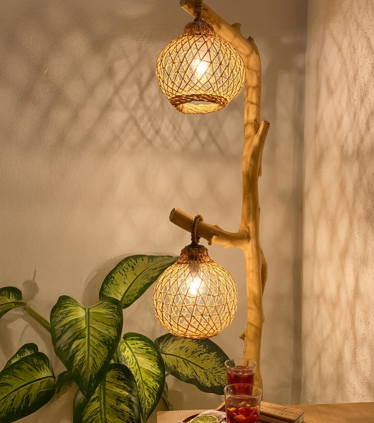 Rustic Wood Floor Lamp – Handmade Driftwood Tree Branch Light with Rattan Lampshade