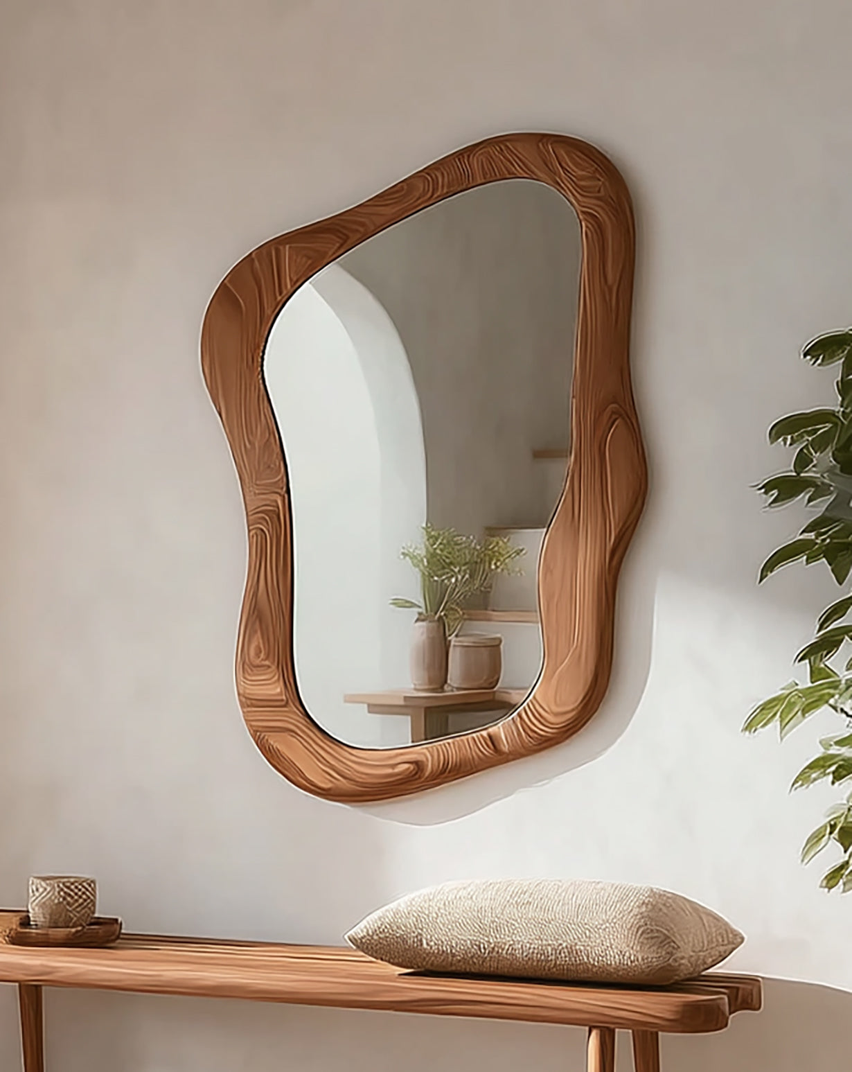 Wood Framed Asymmetrical Large Wall Mirror – Irregular Modern Boho Accent Mirror for Home Decor