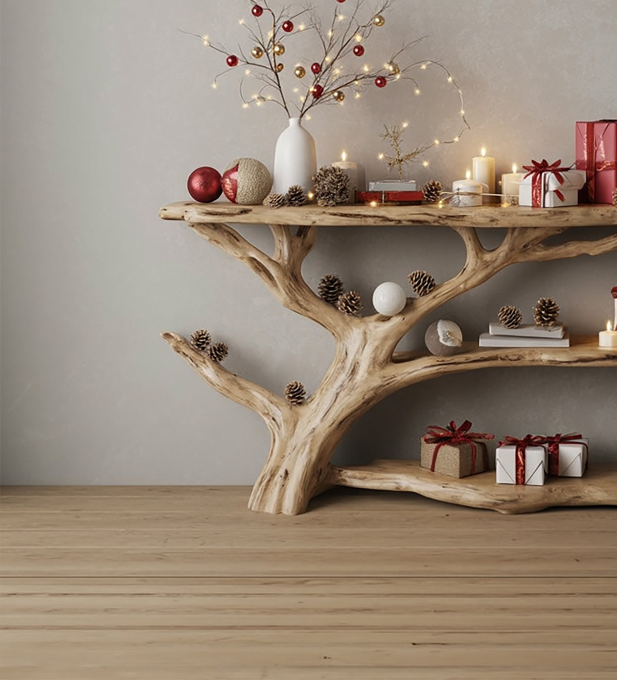 Console Narrow Table with Tree Branch Bookshelf – Rustic Live Edge Wood