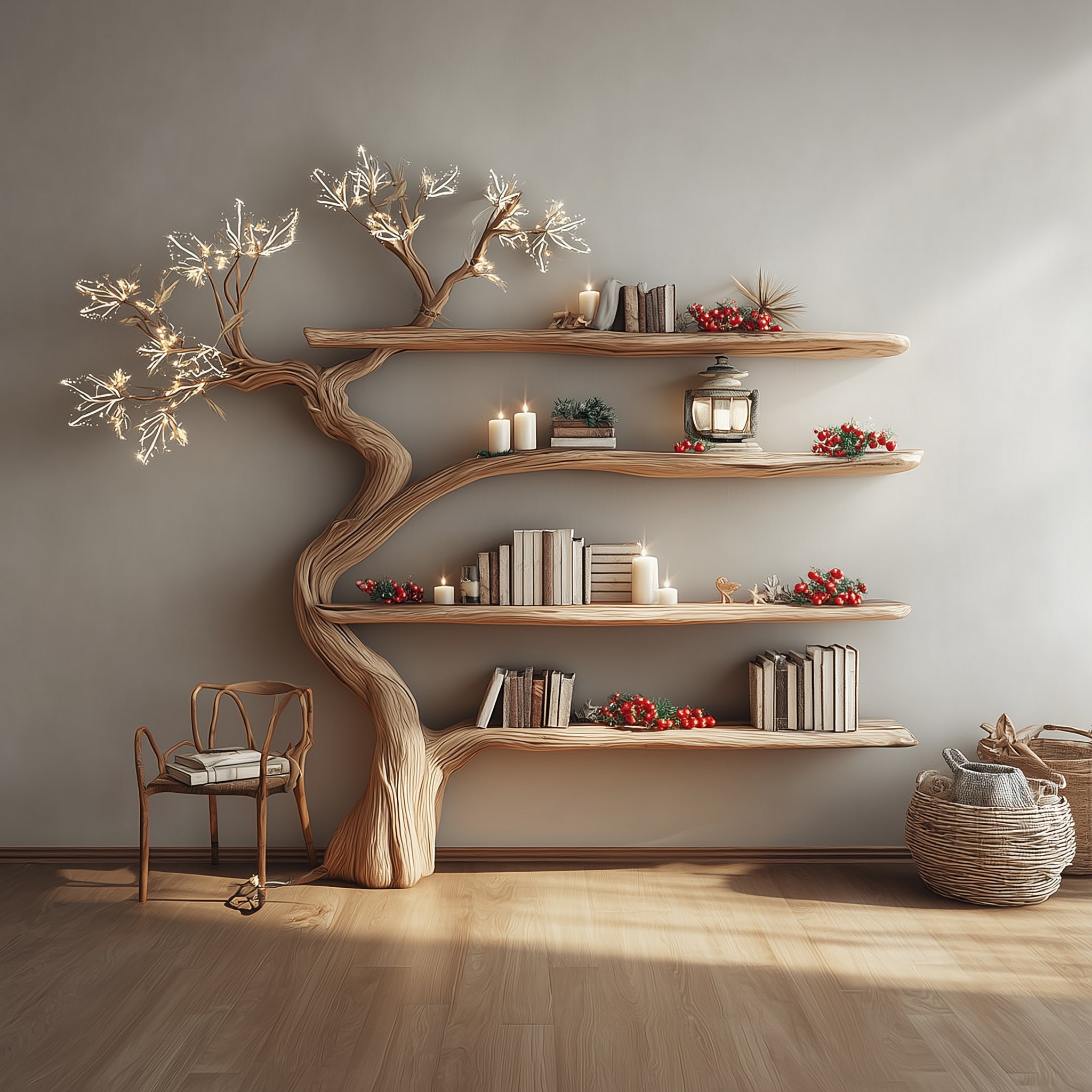 Handcrafted Tree Bookshelf – Rustic Wooden Wall-Mounted Bookcase for Home Decor