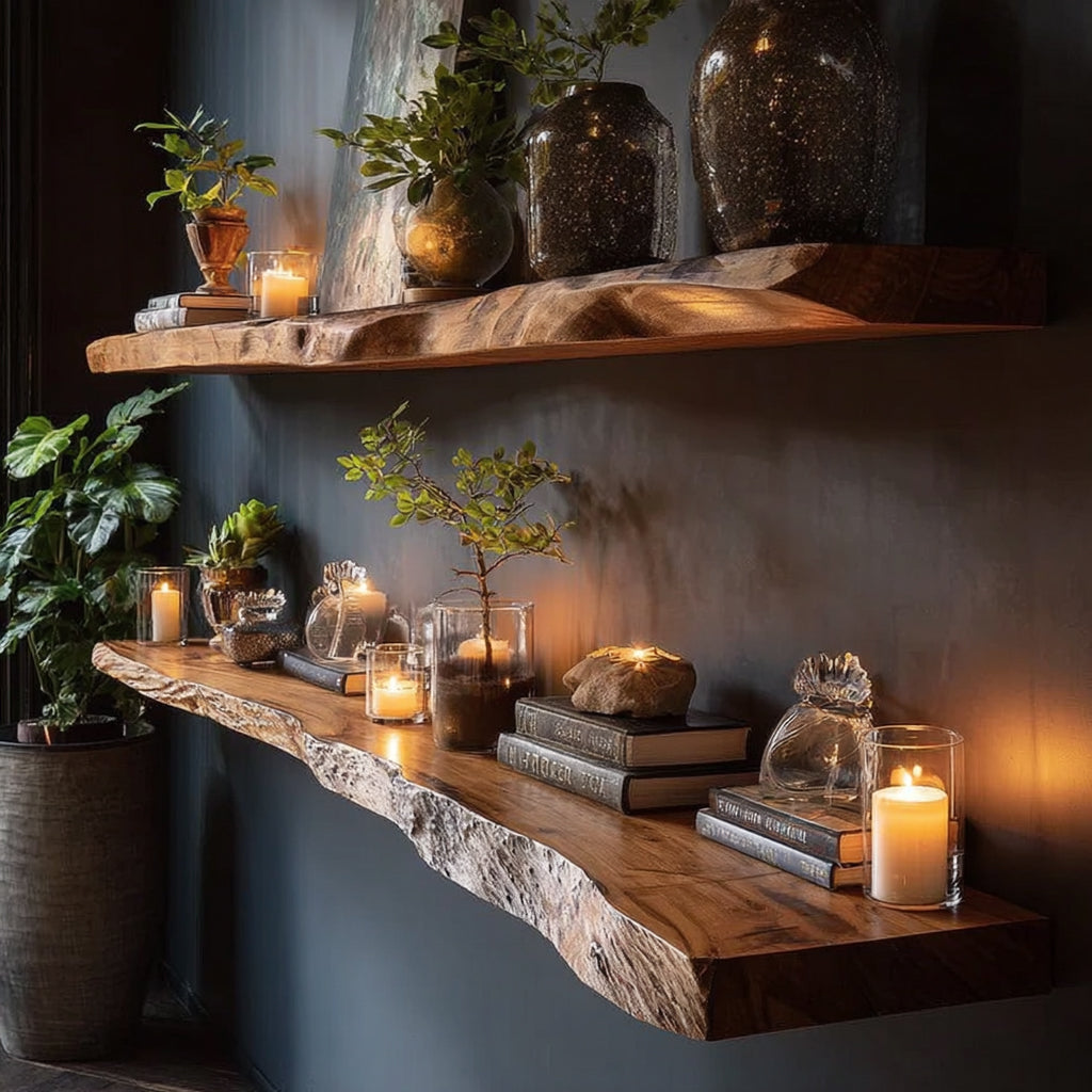 Rustic Live Edge Floating Shelves – Handmade Solid Wood Wall Shelves