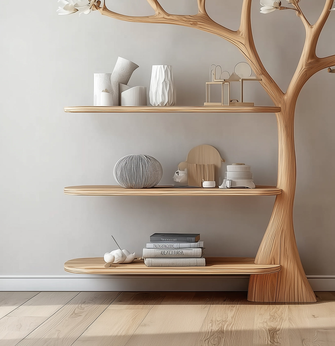 Rustic Tree Coat Rack – Wall Mounted Wooden Hanger with Floating Shelves, Vintage Tree Branch Shelf