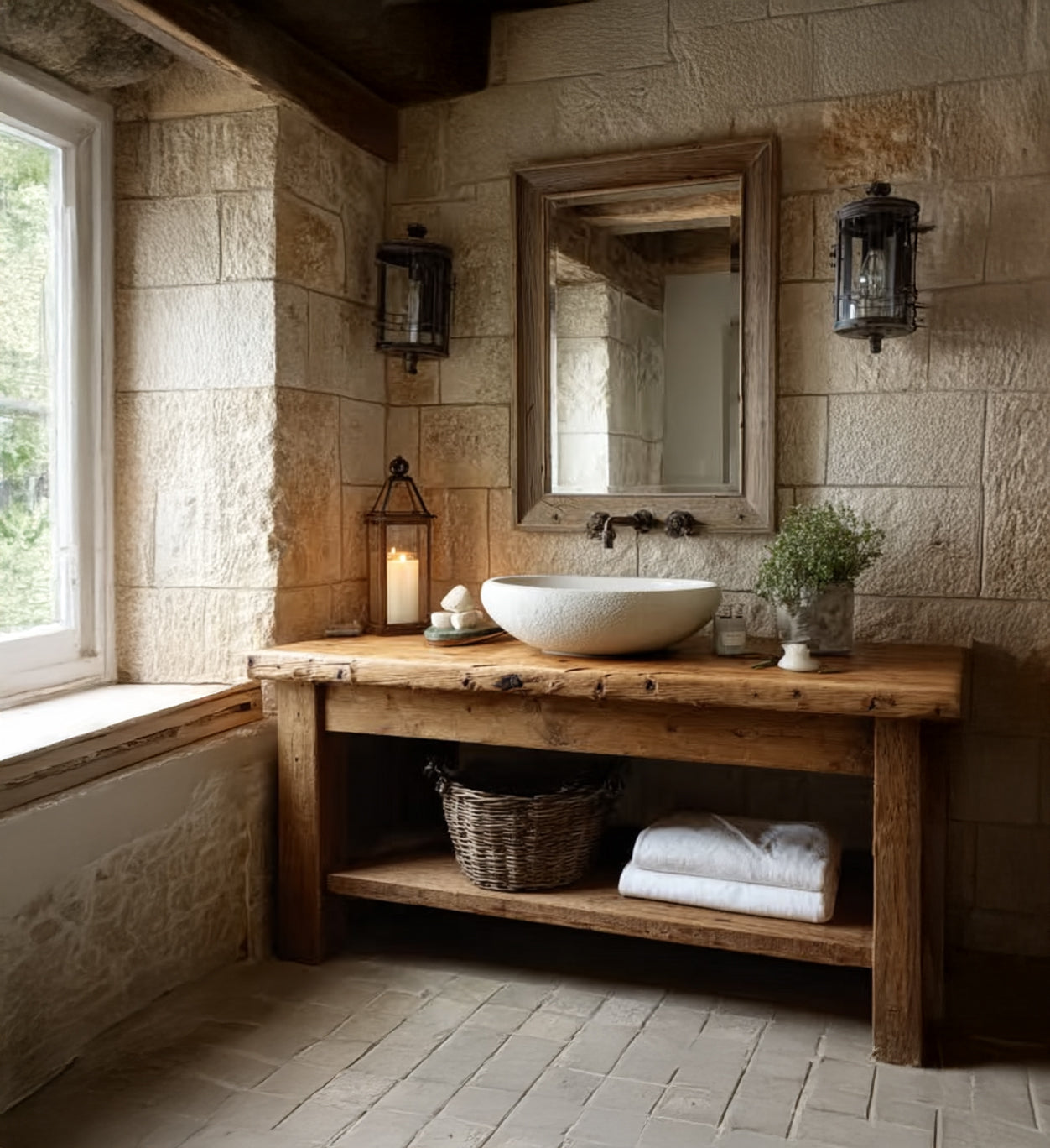 Rustic Wooden Bathroom Vanity – Handmade Farmhouse Sink Table with Live Edge Shelf
