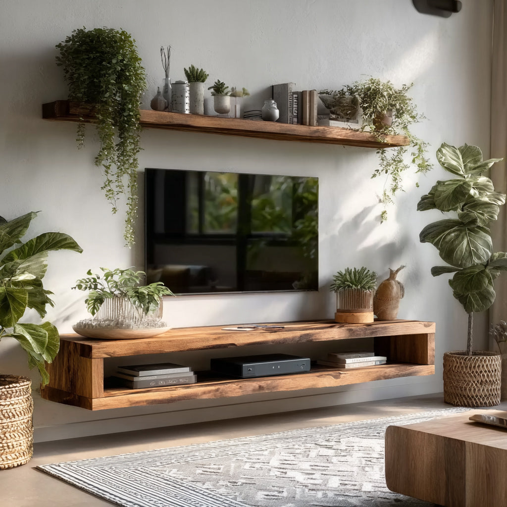 Modern Live Edge Floating TV Console – Handmade Solid Wood Wall Mounted Media Stand