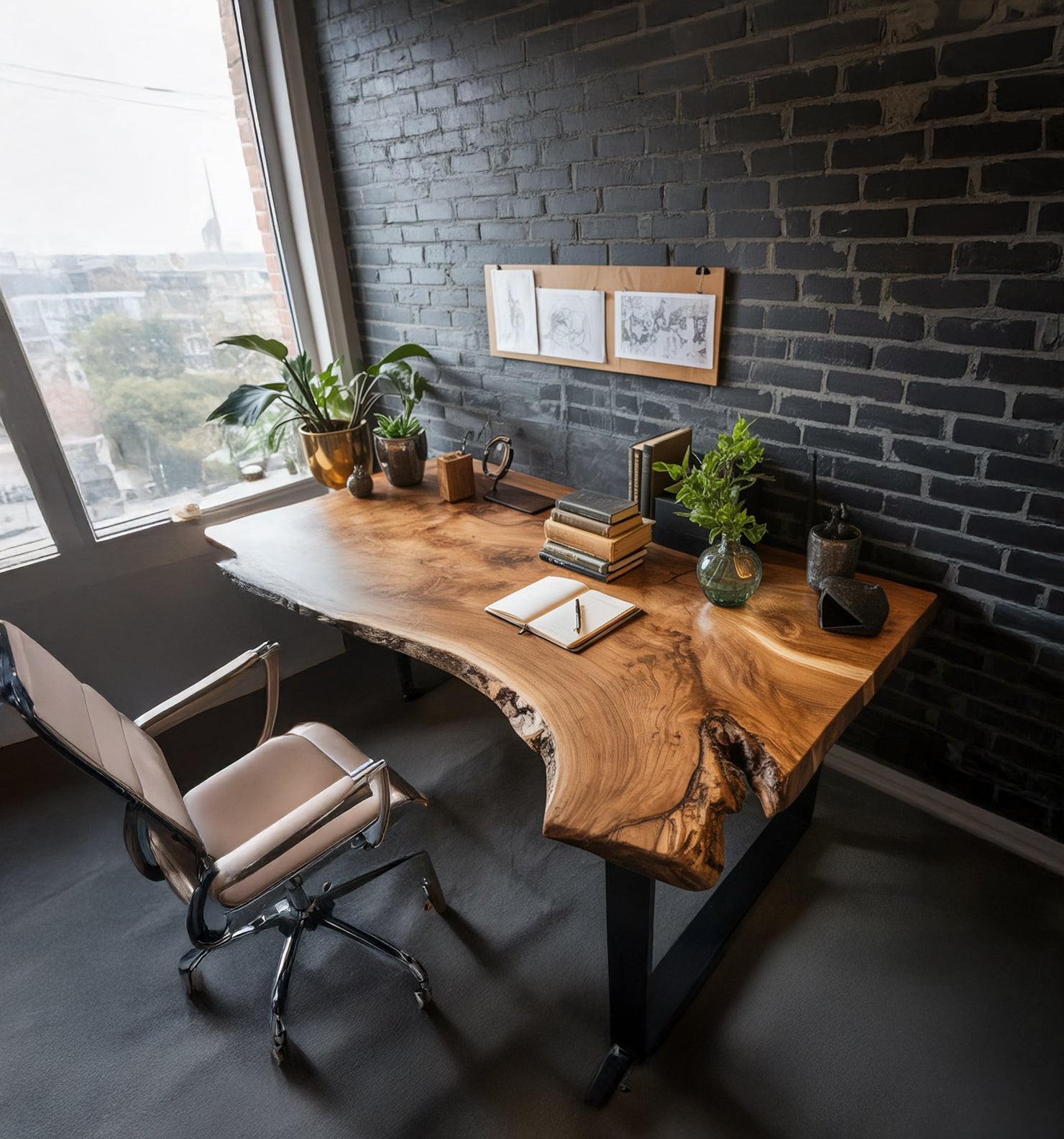 Rustic Live Edge Wooden Desk with Drawers for Home Office