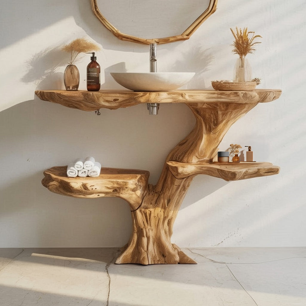 Rustic Wall Mounted Vessel Sink – Reclaimed Live Edge Wooden Bathroom Vanity