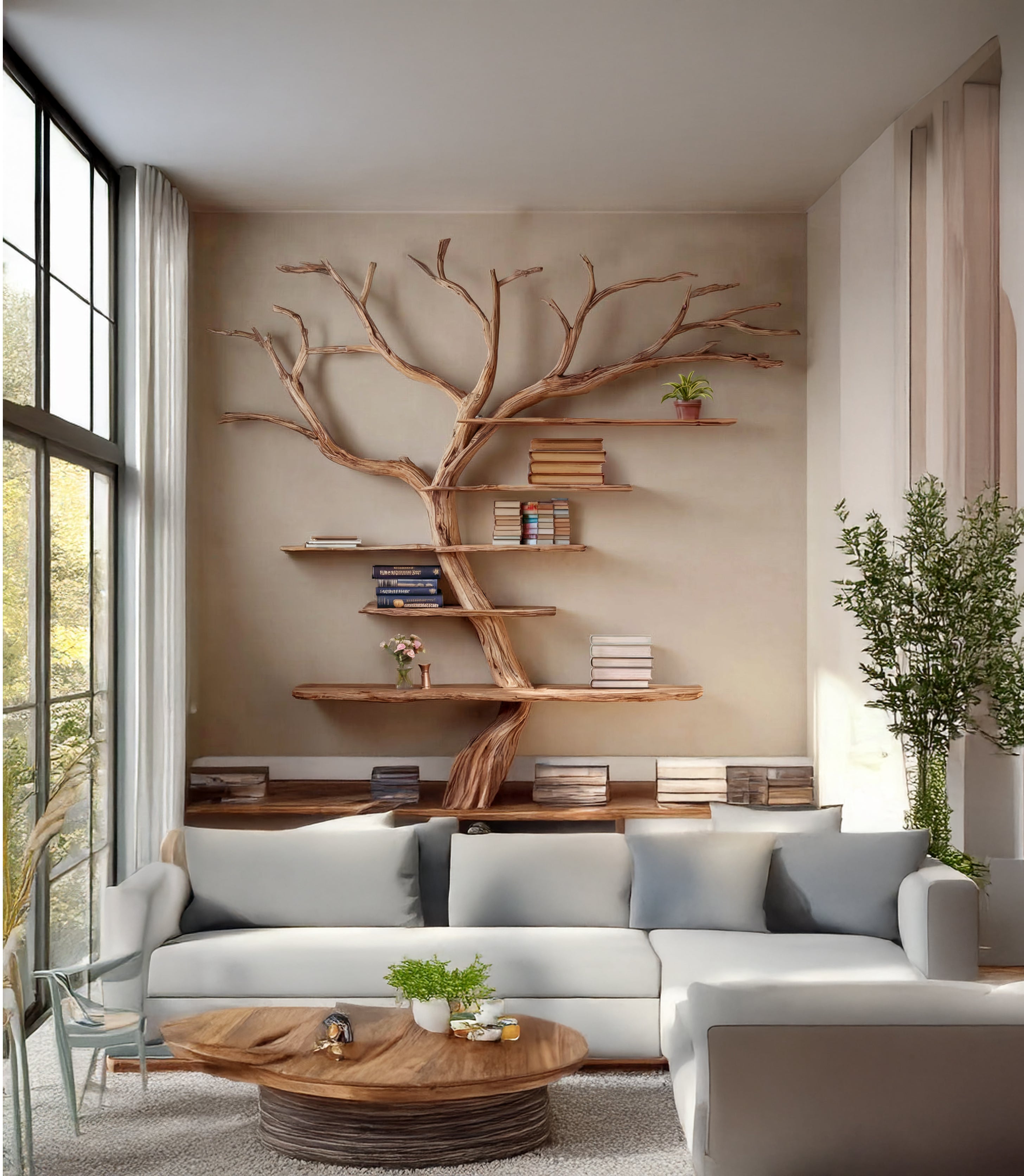 Solid Driftwood Wall Bookshelf – Rustic Tree Branch Floating Shelf Décor