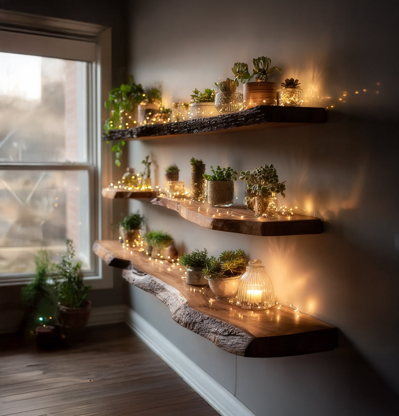 Étagère Flottante Live Edge en Bois Massif – Décoration Rustique pour Salle de Bain & Buanderie