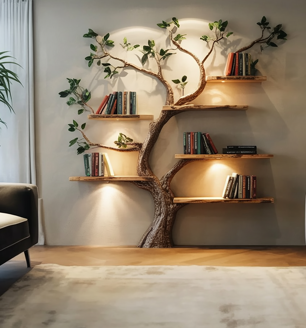 Handmade Wooden Tree Bookshelf – Natural Wood Wall Bookcase