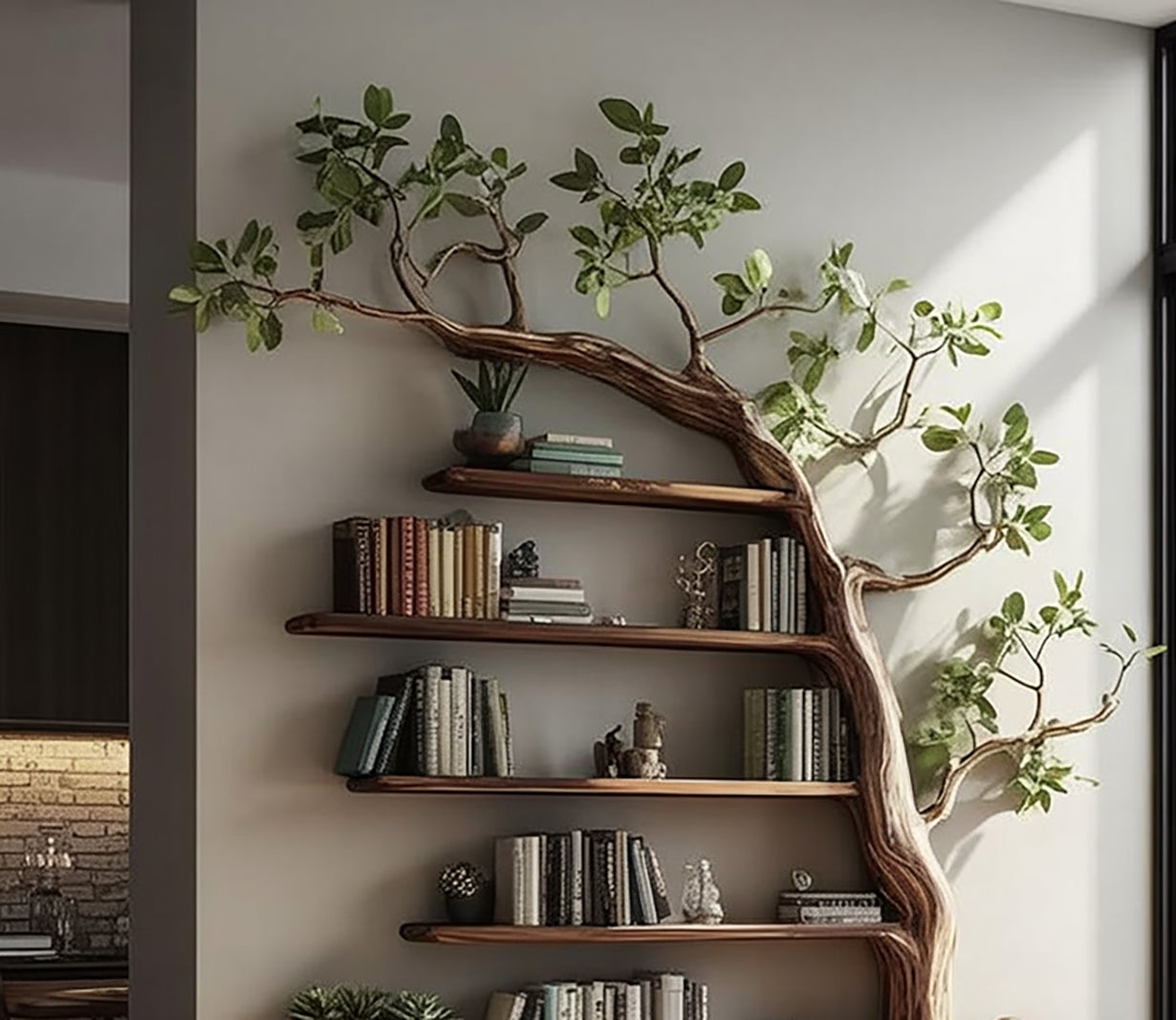 Handcrafted Tree-Inspired Wooden Bookshelf – Artistic Wall Shelf