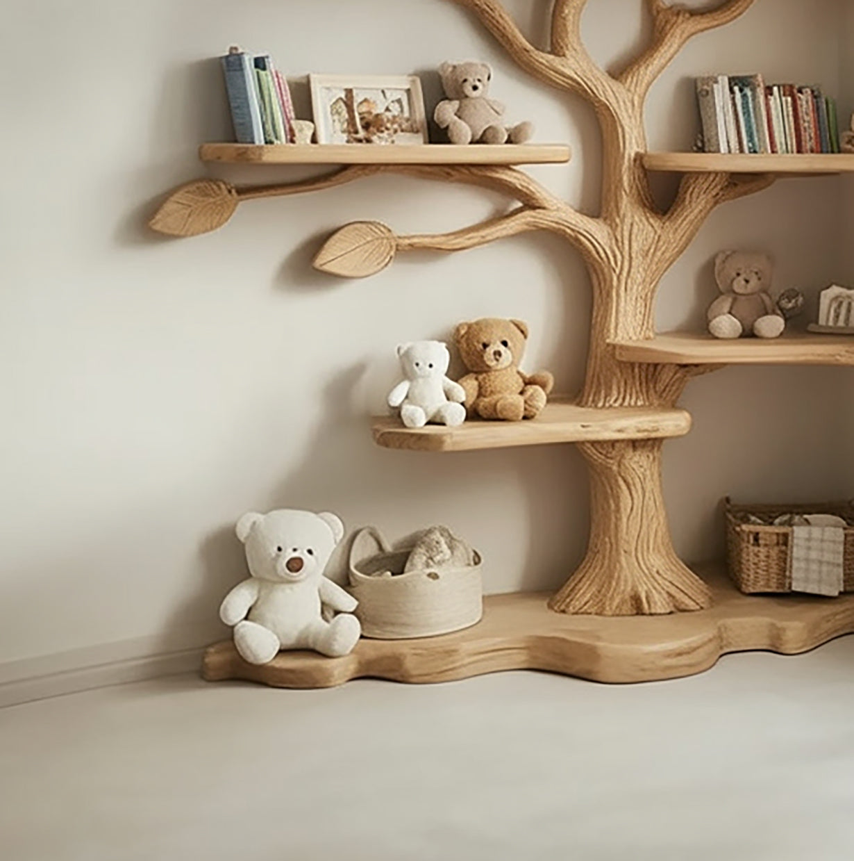 Kids Tree Bookshelf – Natural Wood Tree-Shaped Corner Shelf