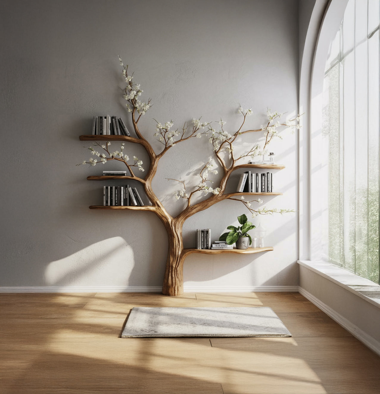 Live Edge Tree Bookcase – Elegant Floral Branch Shelf for Home Decor