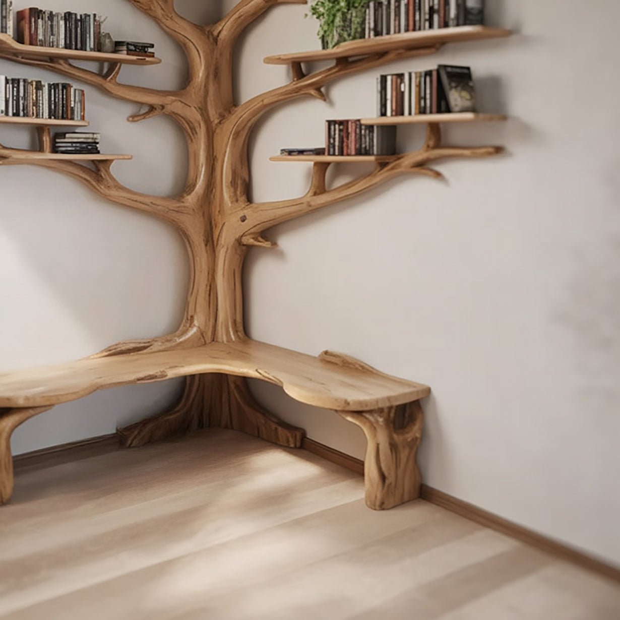 Wooden Tree Shelf Bench – Artistic Branch Bookshelf with Seating