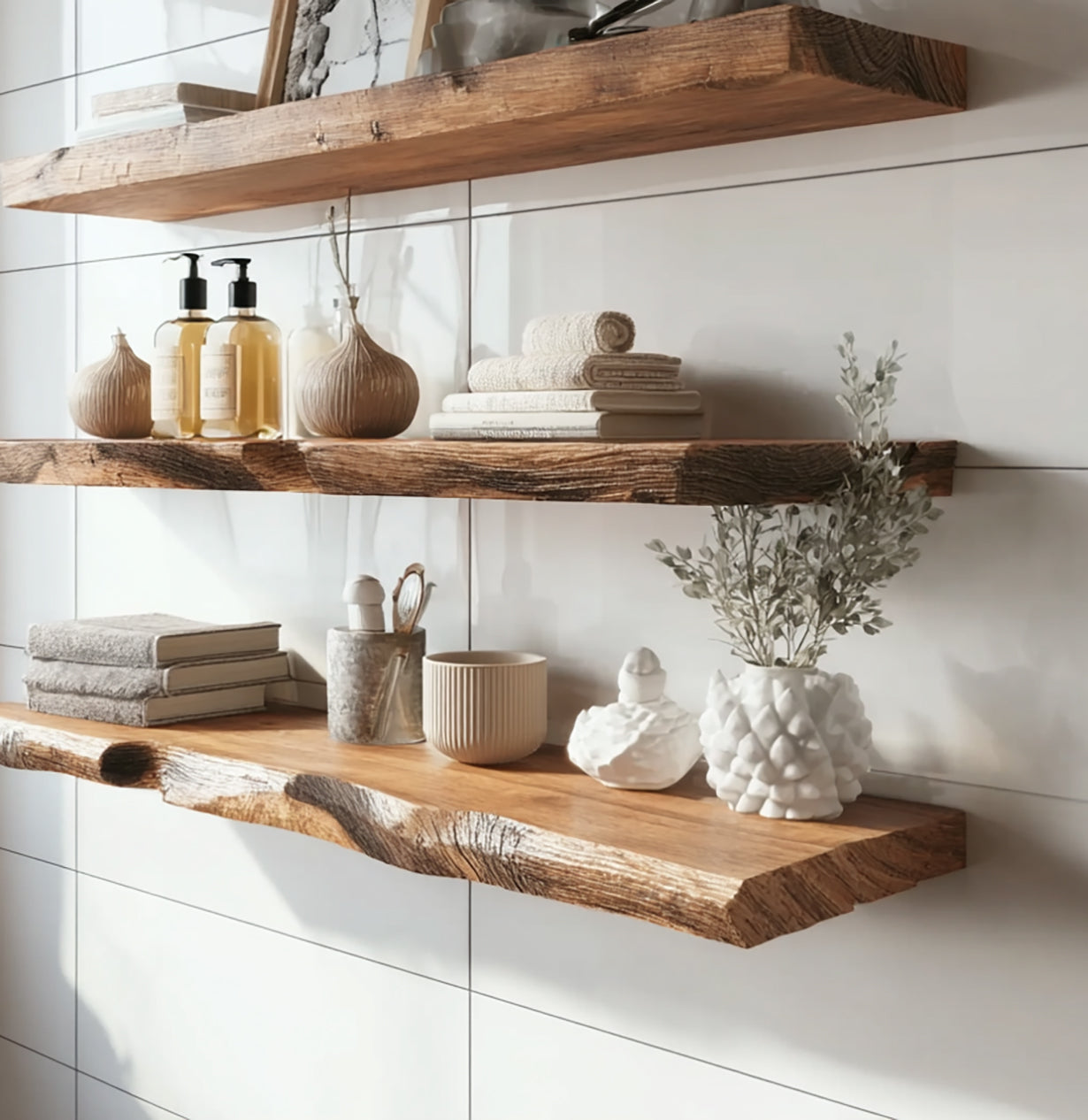 Live Edge Floating Shelves – Solid Wood Bathroom or Kitchen Wall Shelf Decor