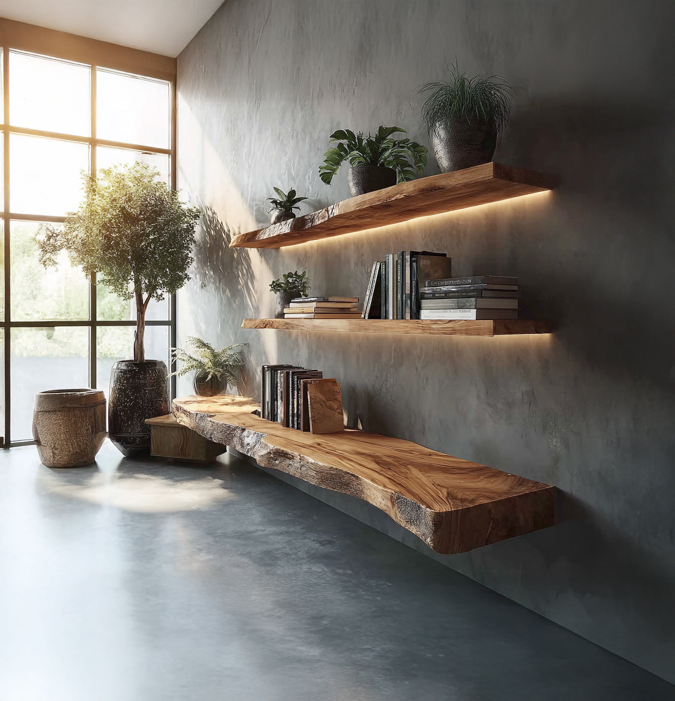 Live Edge Solid Wood Floating Shelves with Warm LED Lighting
