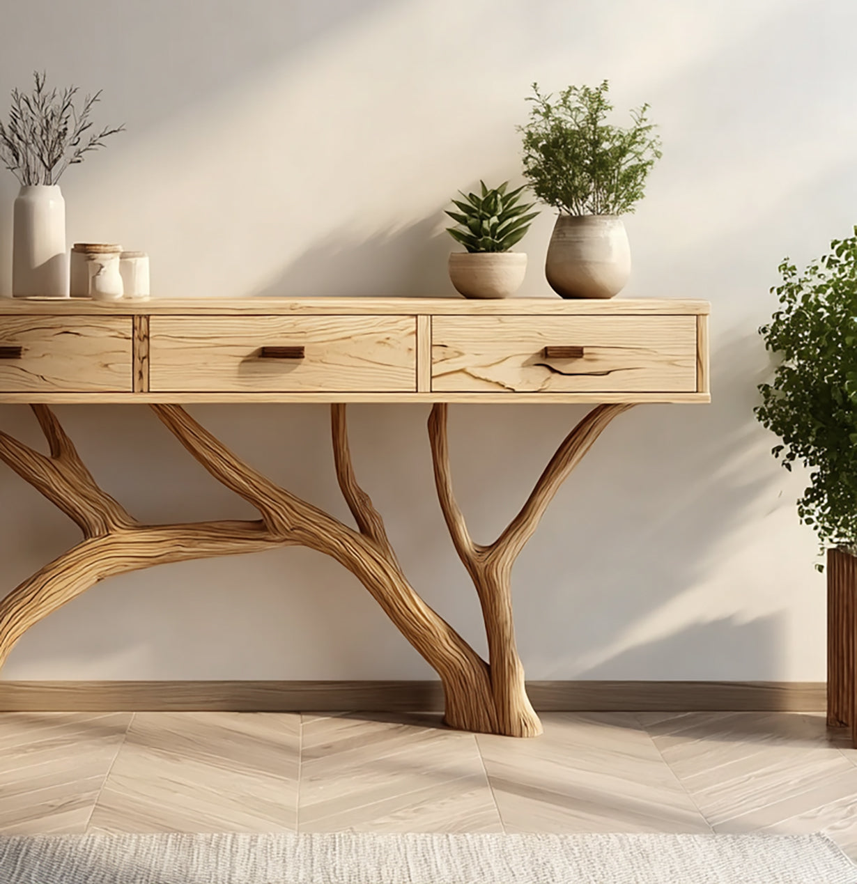 Organic Modern Console Table – Live Edge Style Wood Table with Tree Branch Base