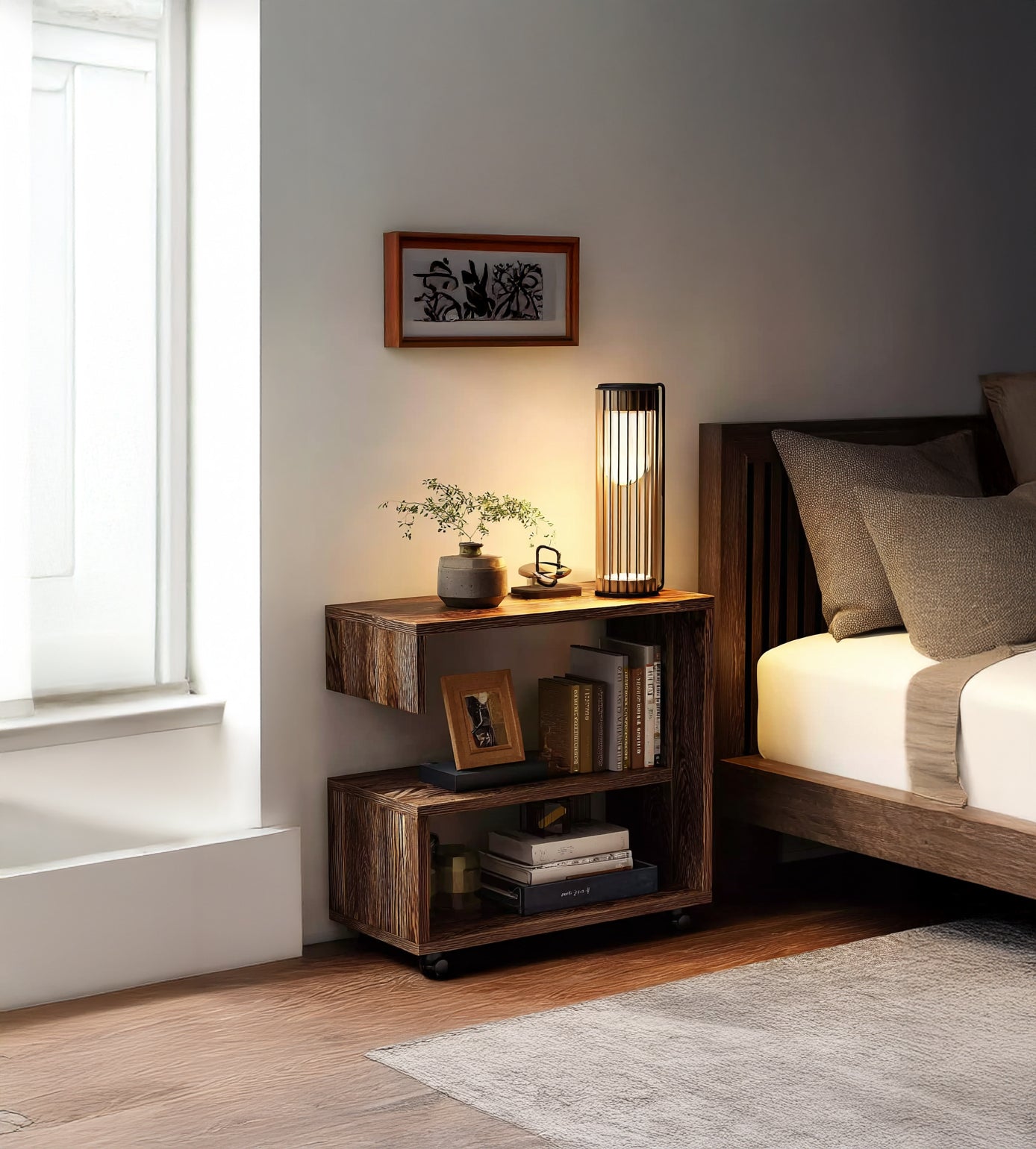 Movable Nightstand Table – 2 Tier Modern End Unit with Rolling Wheels, Compact Side Furniture