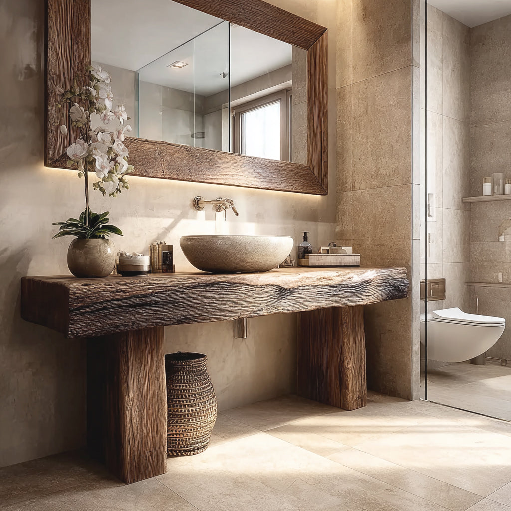 Rustic Wooden Bathroom Vanity – Custom Handmade Farmhouse Sink Shelf with Live Edge Wood Cabinet