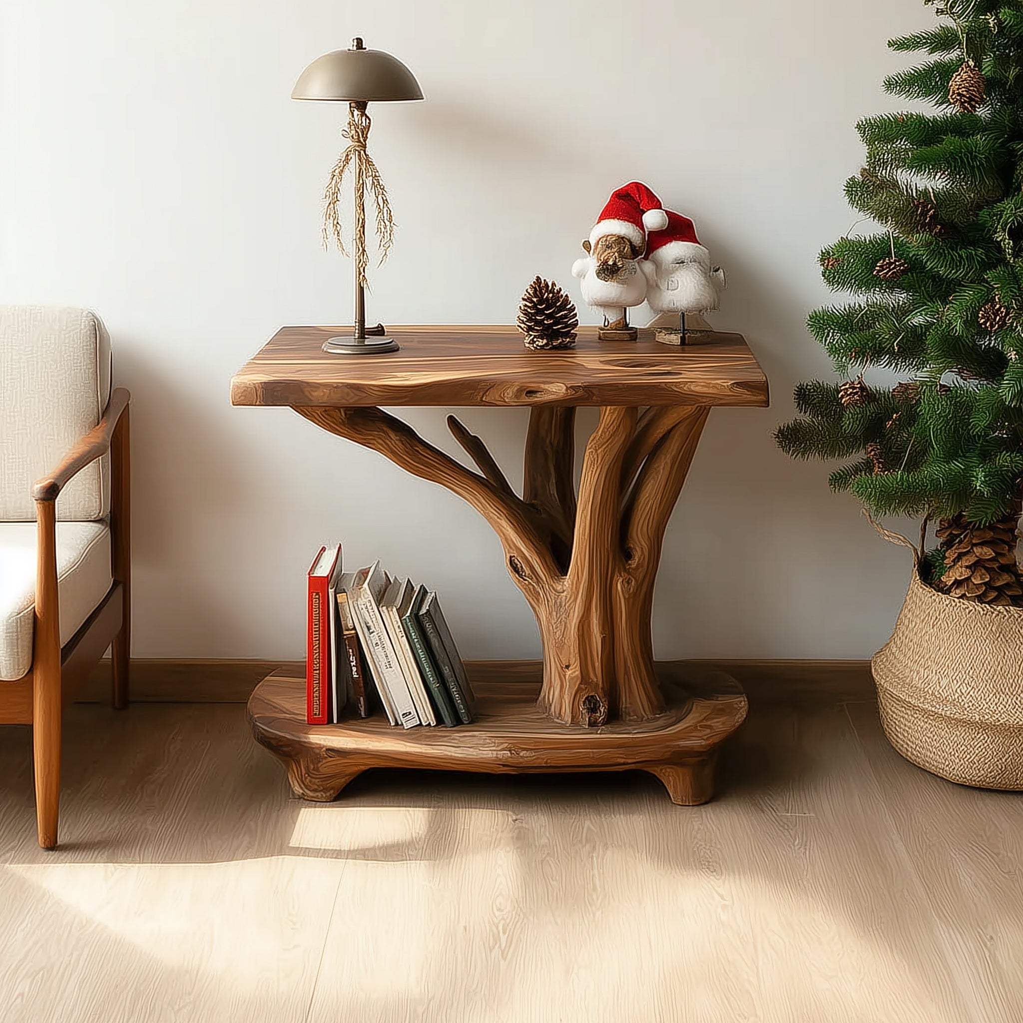 Rustic Solid Wood Side Table with Tree Branch Design – Handmade Natural End with Shelf Storage